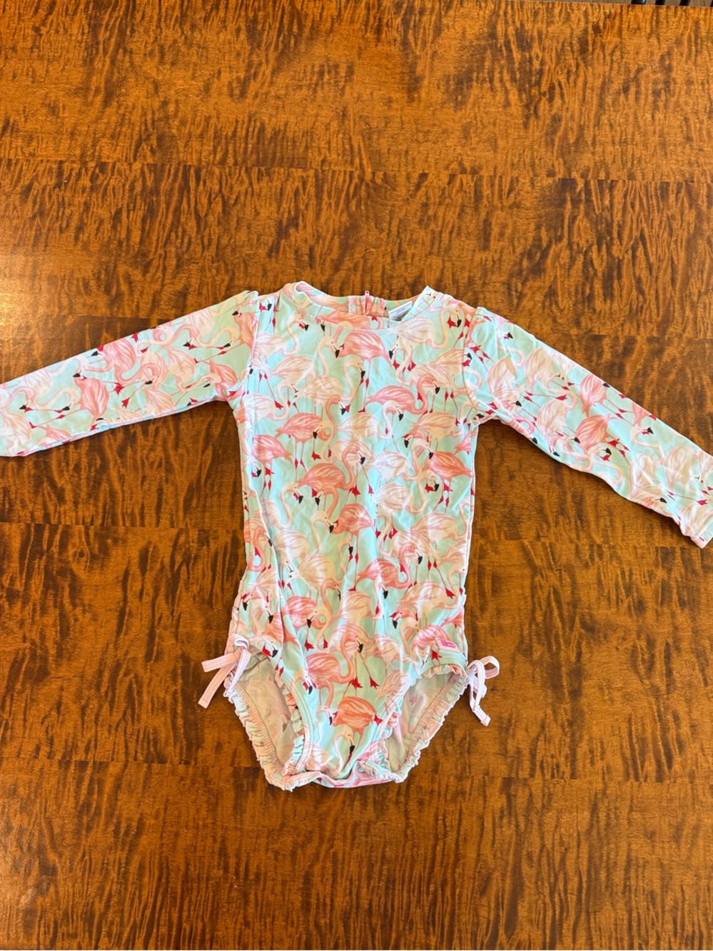 Ruffle Butts Long-Sleeve One-Piece Swimsuit in Mint and Pink Flamingo Print